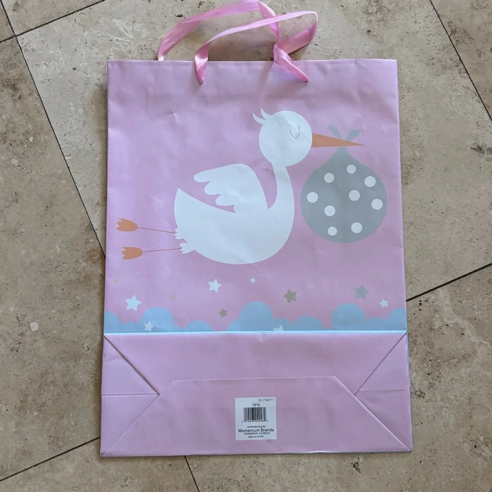 Pink stork baby shower gift bag